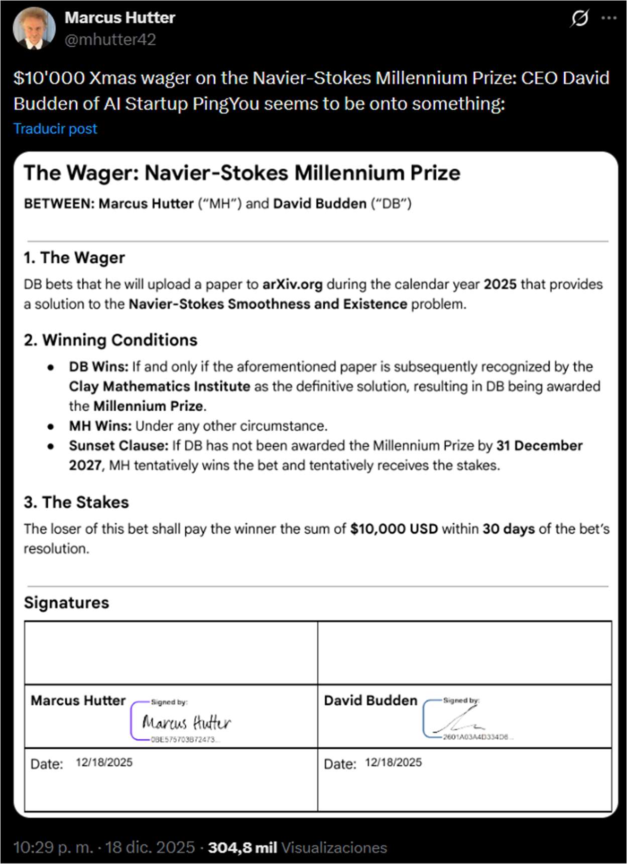 Marcus Hutter tweet documenting a $10,000 wager with David Budden on the Navier-Stokes Millennium Prize